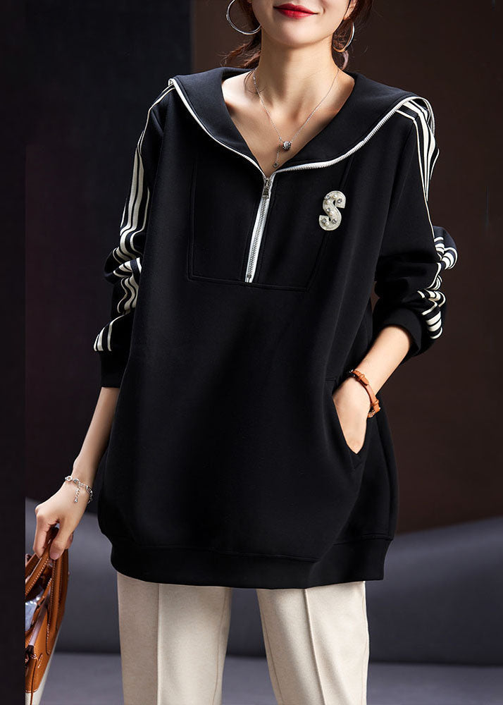 Boutique Black Peter Pan Collar Zippered Patchwork Graphic Zircon Sweatshirt Fall Ada Fashion