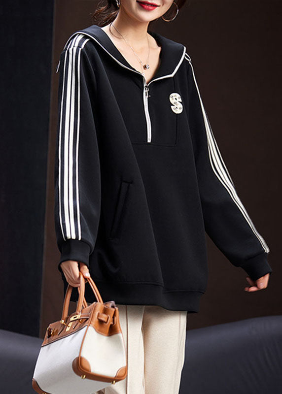Boutique Black Peter Pan Collar Zippered Patchwork Graphic Zircon Sweatshirt Fall Ada Fashion