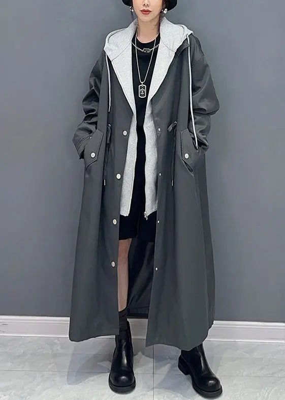 Boutique Black Pockets Hooded False Two Pieces Patchwork Trench Coat Fall Ada Fashion