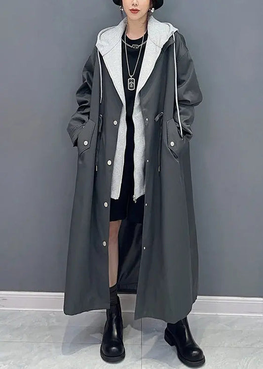 Boutique Black Pockets Hooded False Two Pieces Patchwork Trench Coat Fall Ada Fashion