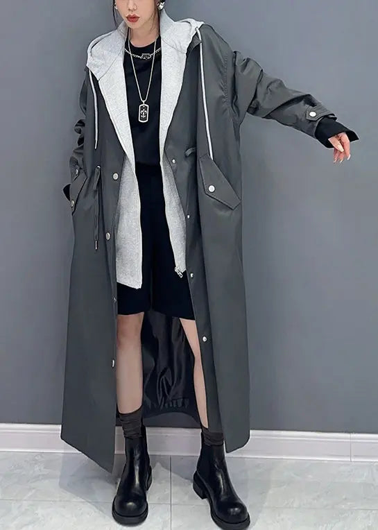 Boutique Black Pockets Hooded False Two Pieces Patchwork Trench Coat Fall Ada Fashion
