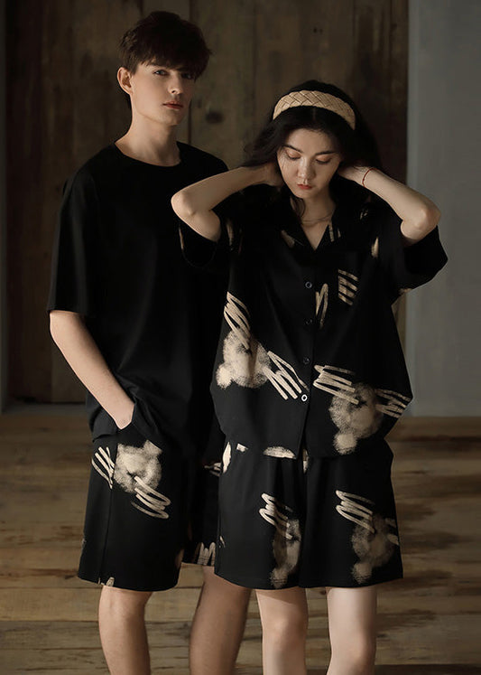 Boutique Black Print Button Cotton Couple Pajamas Two Piece Set Short Sleeve LY1869 - fabuloryshop