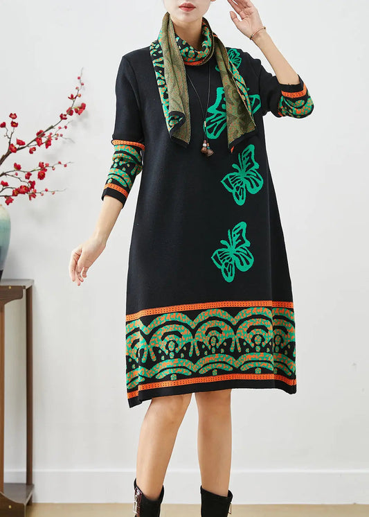 Boutique Black Print Complimentary Scarf Knit Dresses Fall Ada Fashion