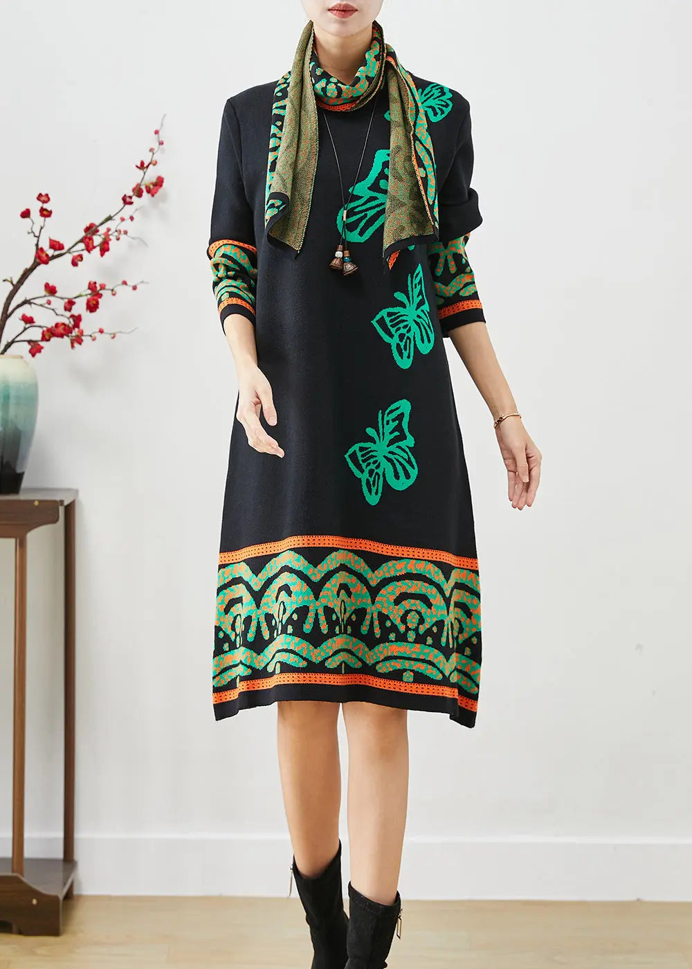 Boutique Black Print Complimentary Scarf Knit Dresses Fall Ada Fashion