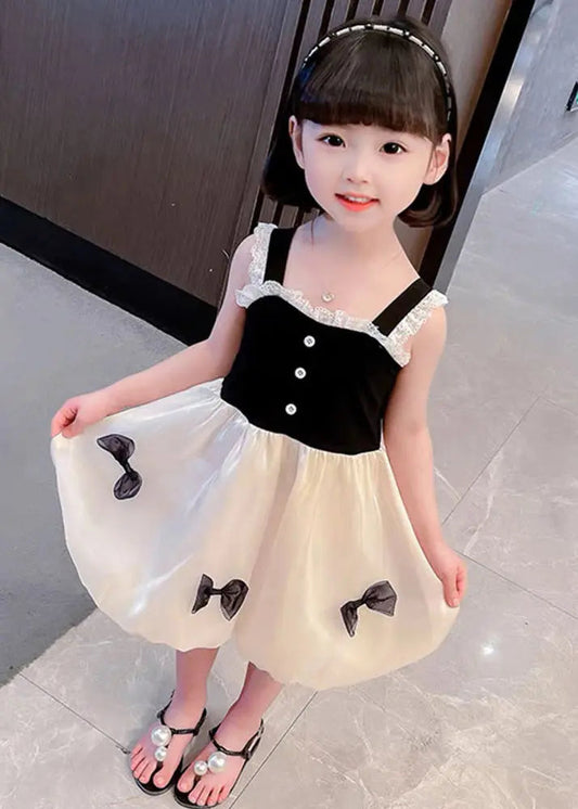 Boutique Black Square Collar Lace Patchwork Bow Silk Girls Vacation Slip Mid Dress Summer Ada Fashion