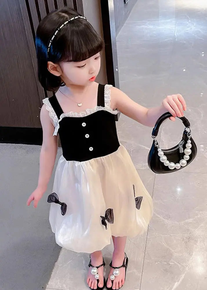 Boutique Black Square Collar Lace Patchwork Bow Silk Girls Vacation Slip Mid Dress Summer Ada Fashion