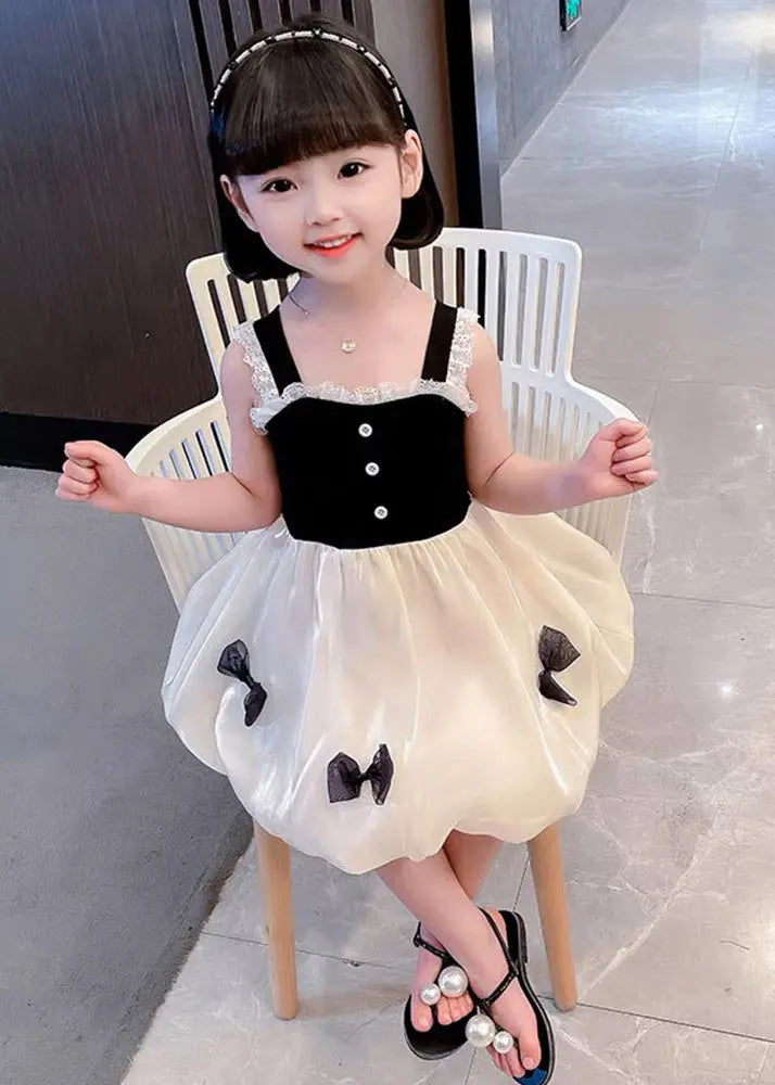Boutique Black Square Collar Lace Patchwork Bow Silk Girls Vacation Slip Mid Dress Summer Ada Fashion