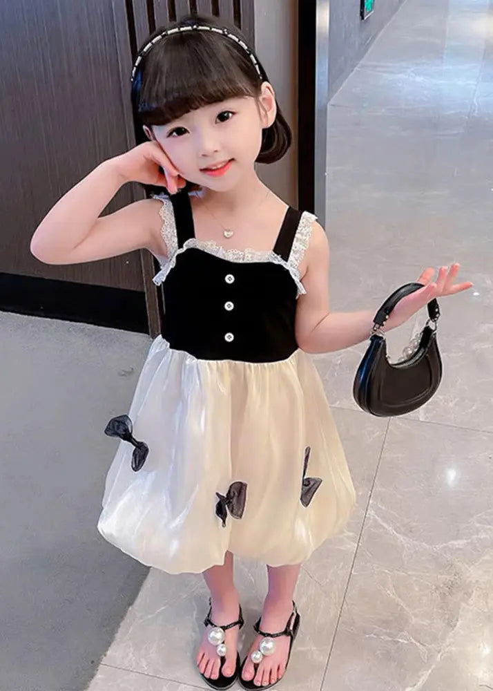 Boutique Black Square Collar Lace Patchwork Bow Silk Girls Vacation Slip Mid Dress Summer Ada Fashion