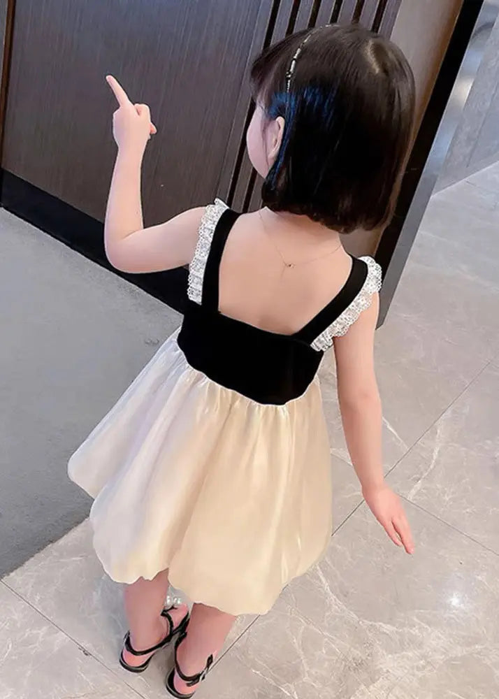 Boutique Black Square Collar Lace Patchwork Bow Silk Girls Vacation Slip Mid Dress Summer Ada Fashion