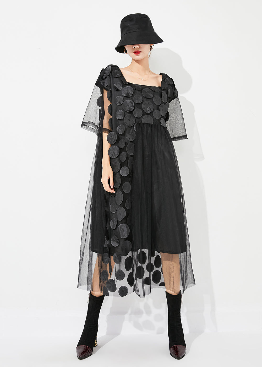 Boutique Black Square Collar Patchwork Hollow Out Tulle Long Dress Summer LY0827