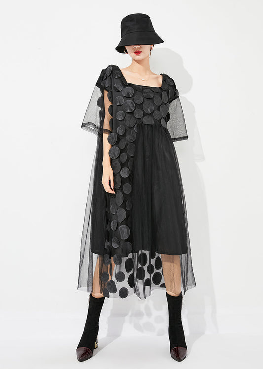 Boutique Black Square Collar Patchwork Hollow Out Tulle Long Dress Summer LY0827 - fabuloryshop