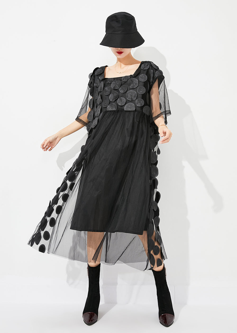 Boutique Black Square Collar Patchwork Hollow Out Tulle Long Dress Summer LY0827