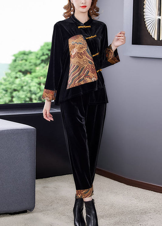 Boutique Black Stand Collar Chinese Button Patchwork Silk Velour Two Pieces Set Long Sleeve LY5944 Ada Fashion