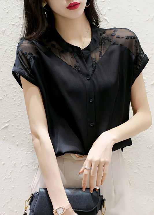 Boutique Black Stand Collar Embroideried Patchwork Silk Top Summer LY1416 - fabuloryshop