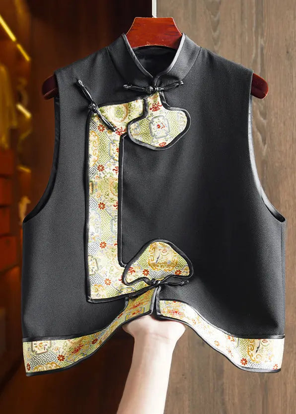 Boutique Black Stand Collar Jacquard Patchwork Woolen Vest Sleeveless Ada Fashion