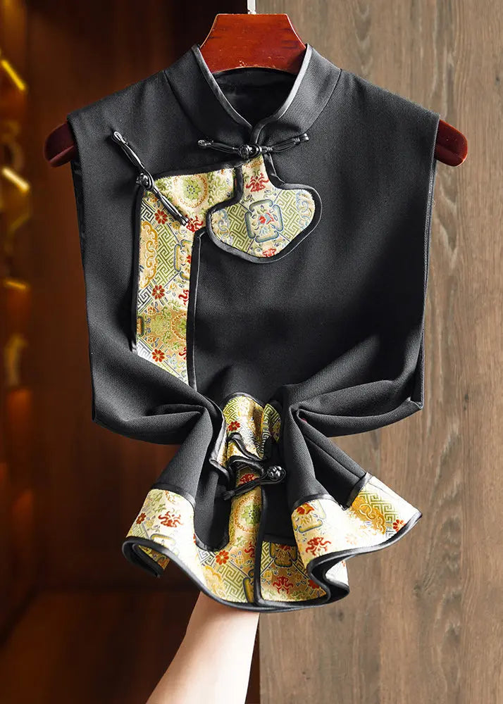 Boutique Black Stand Collar Jacquard Patchwork Woolen Vest Sleeveless Ada Fashion