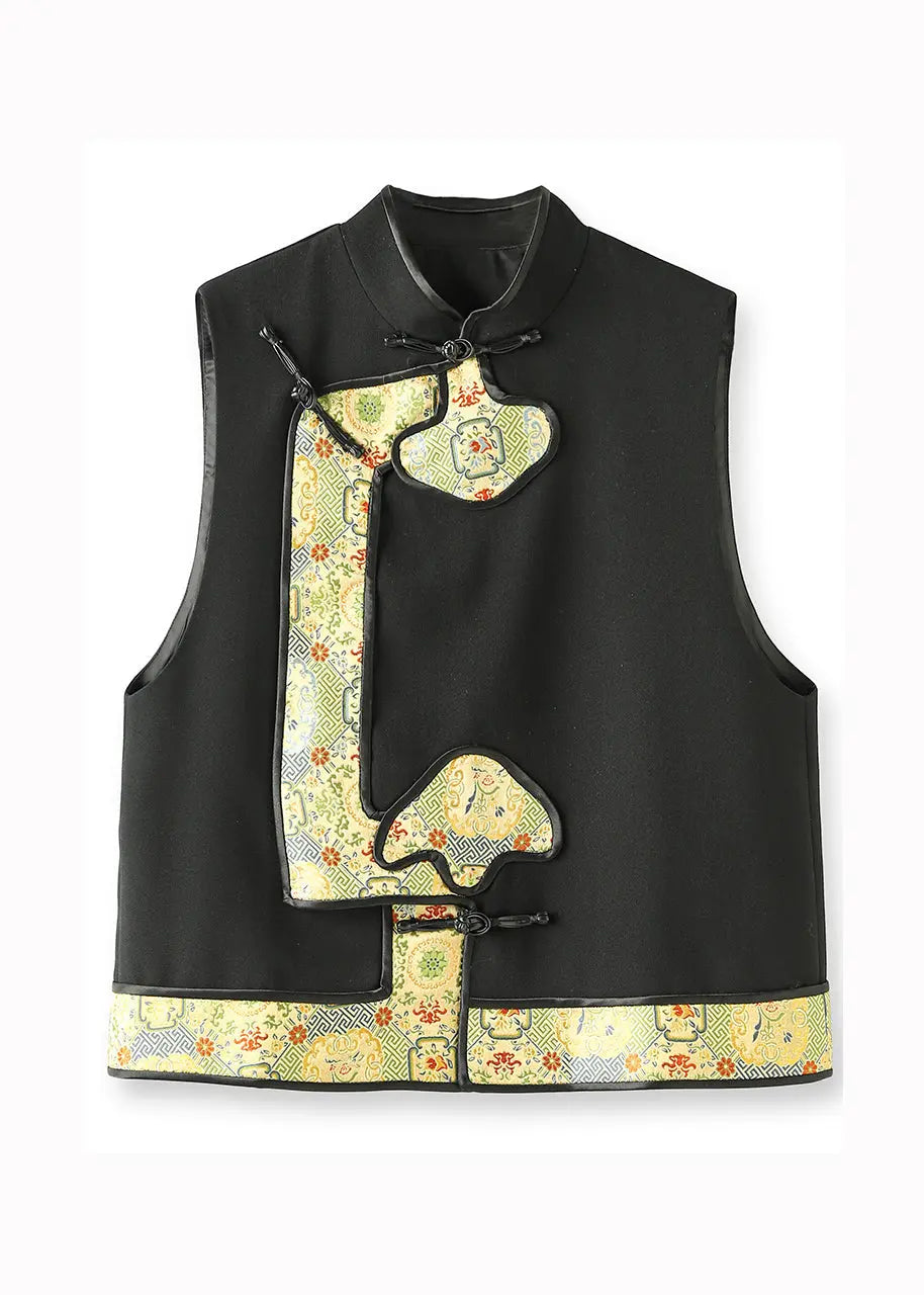 Boutique Black Stand Collar Jacquard Patchwork Woolen Vest Sleeveless Ada Fashion