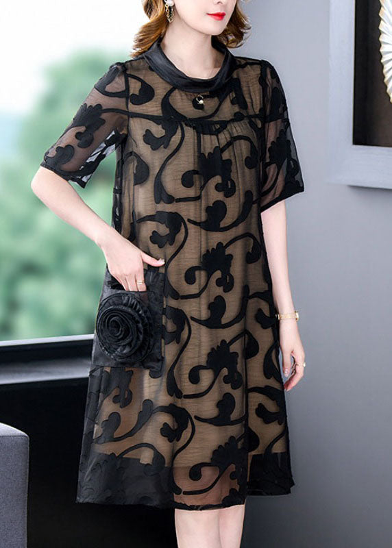 Boutique Black Stand Collar Pockets Floral Patchwork Silk Mid Dresses Summer LY5963 Ada Fashion