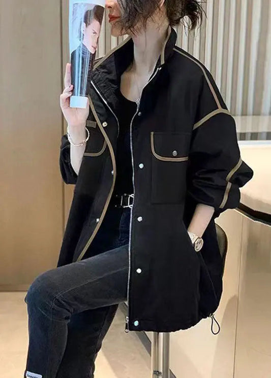 Boutique Black Stand Collar Zip Up Pockets Patchwork Cotton Jacket Fall Ada Fashion