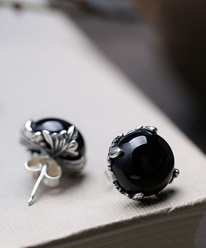 Boutique Black Sterling Silver Agate Stud Earrings TW1029 - fabuloryshop