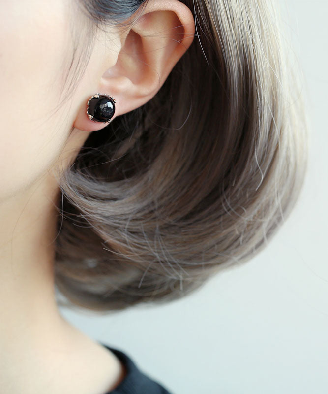 Boutique Black Sterling Silver Agate Stud Earrings TW1029 - fabuloryshop