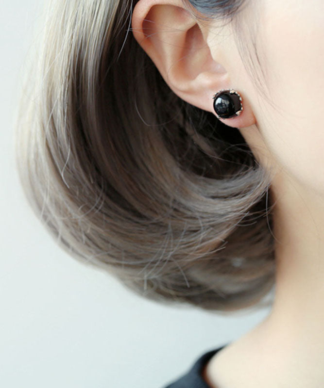 Boutique Black Sterling Silver Agate Stud Earrings TW1029 - fabuloryshop