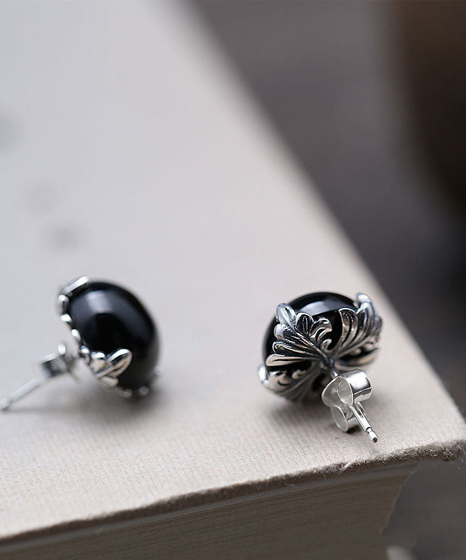 Boutique Black Sterling Silver Agate Stud Earrings TW1029 - fabuloryshop