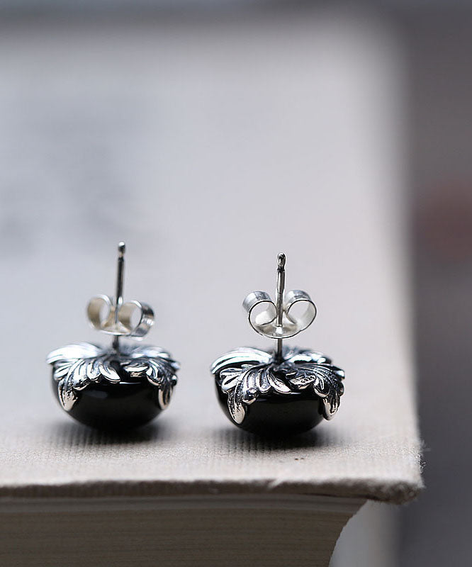 Boutique Black Sterling Silver Agate Stud Earrings TW1029