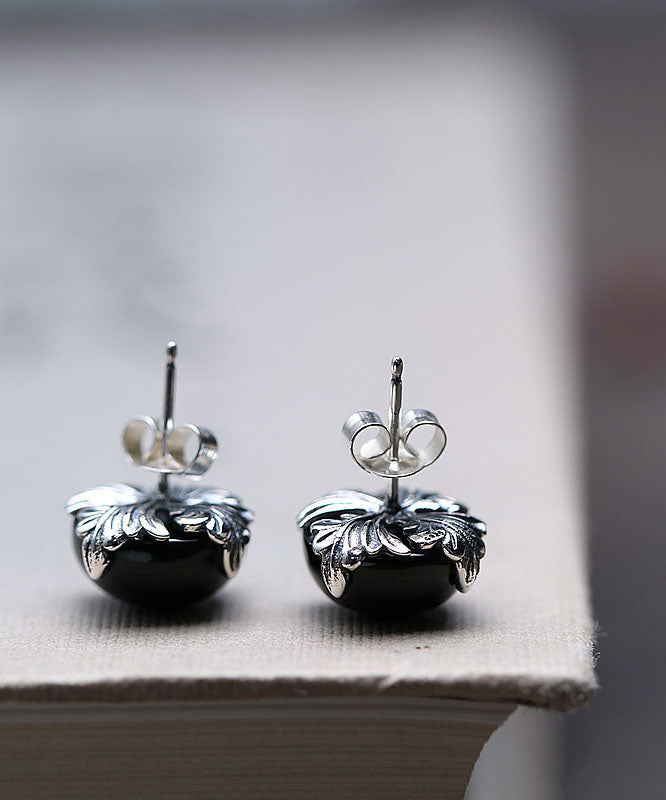 Boutique Black Sterling Silver Agate Stud Earrings TW1029 - fabuloryshop