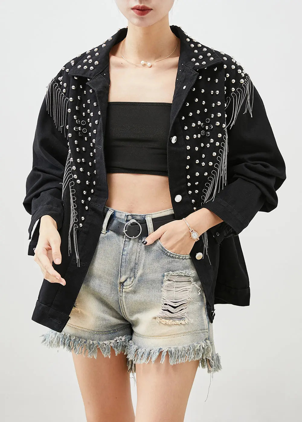 Boutique Black Tasseled Rivet Denim Jackets Fall Ada Fashion