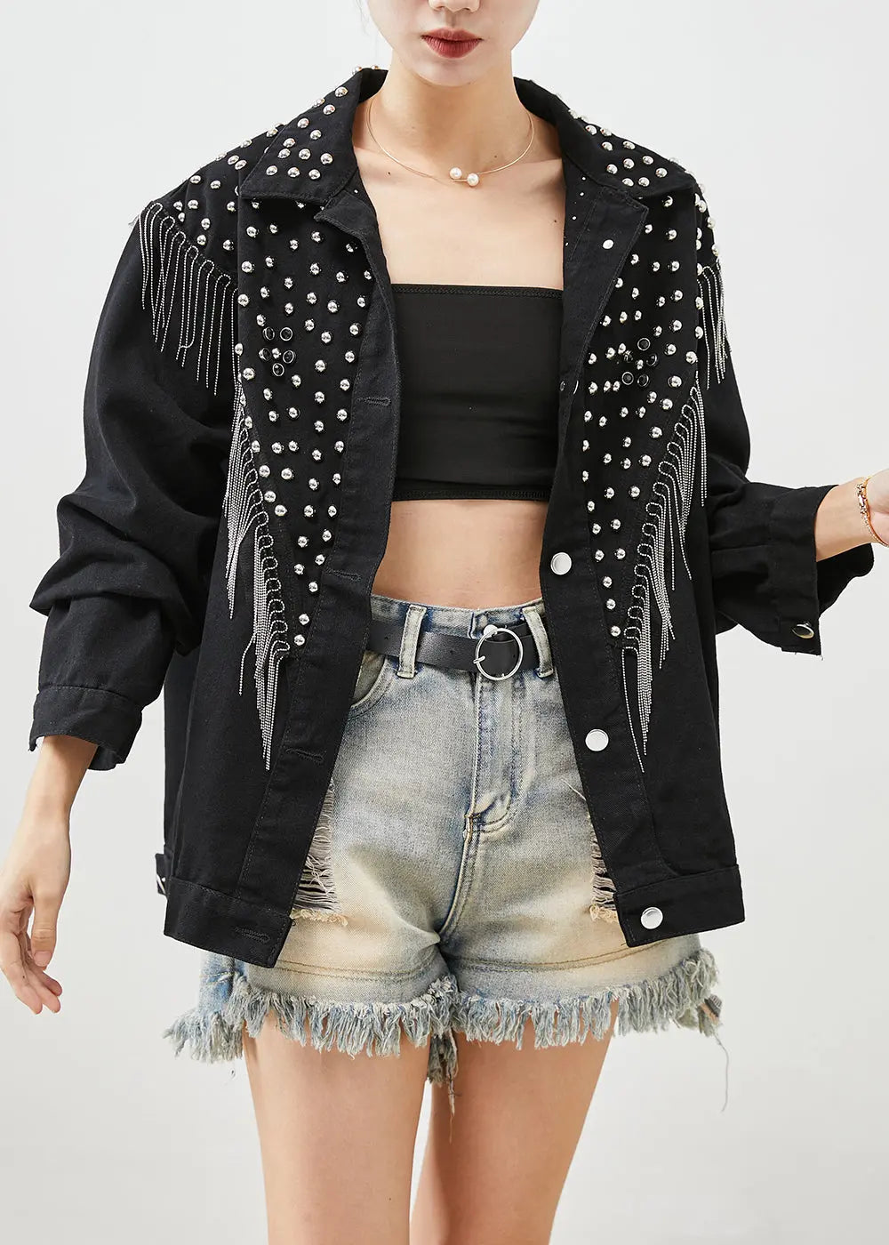 Boutique Black Tasseled Rivet Denim Jackets Fall Ada Fashion