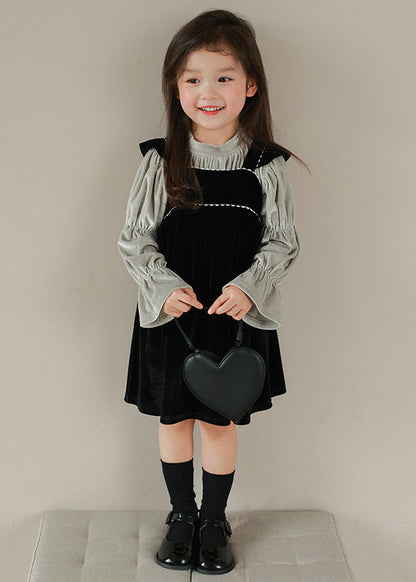 Boutique Black Turtleneck Wrinkled Velour Girls Two Pieces Set Flare Sleeve Ada Fashion