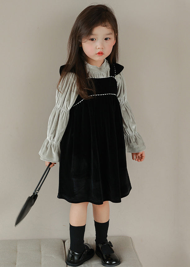 Boutique Black Turtleneck Wrinkled Velour Girls Two Pieces Set Flare Sleeve Ada Fashion