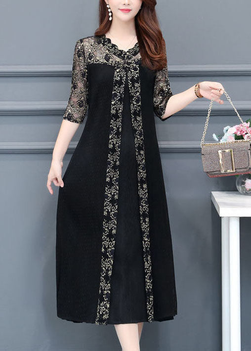 Boutique Black V Neck Lace Patchwork Silk A Line Dresses Half Sleeve LC0067 - fabuloryshop