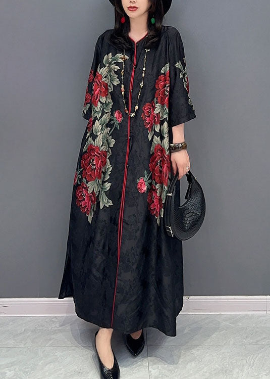 Boutique Black V Neck Print Button Patchwork Silk Long Dress Summer Ada Fashion