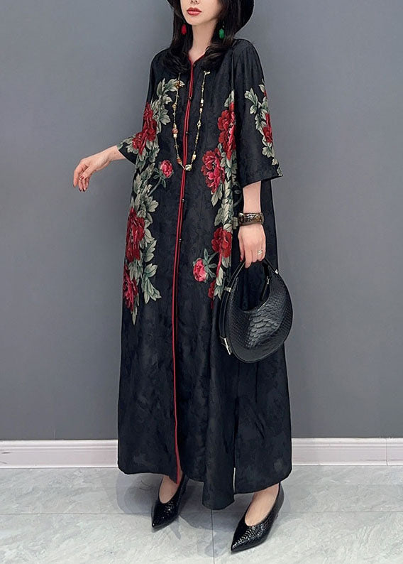 Boutique Black V Neck Print Button Patchwork Silk Long Dress Summer Ada Fashion