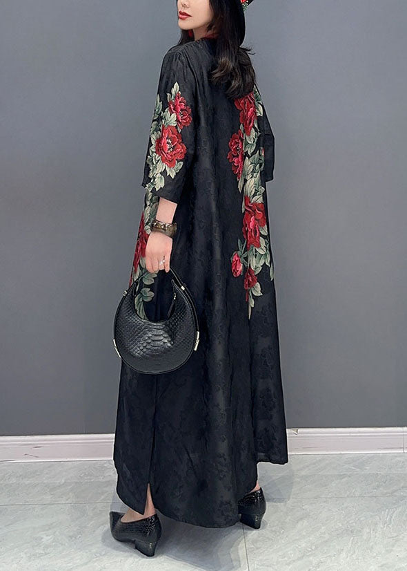 Boutique Black V Neck Print Button Patchwork Silk Long Dress Summer Ada Fashion