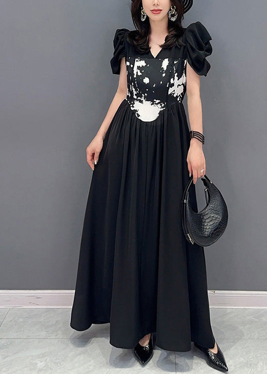 Boutique Black V Neck Print Elastic Waist Maxi Dress Short Sleeve LY4368 - fabuloryshop