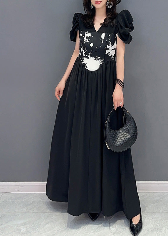 Boutique Black V Neck Print Elastic Waist Maxi Dress Short Sleeve LY4368 - fabuloryshop