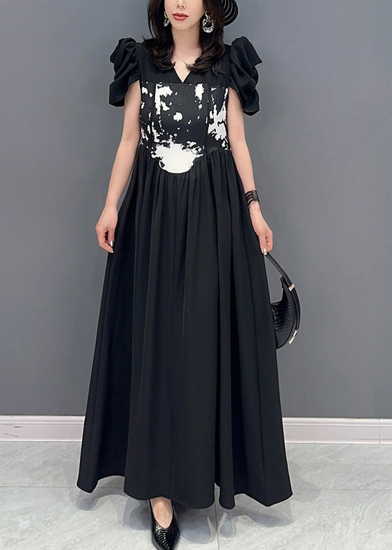 Boutique Black V Neck Print Elastic Waist Maxi Dress Short Sleeve LY4368 - fabuloryshop