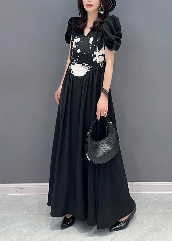 Boutique Black V Neck Print Elastic Waist Maxi Dress Short Sleeve LY4368 - fabuloryshop