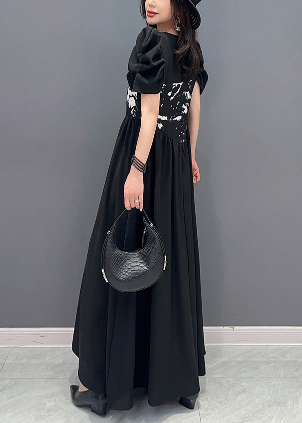 Boutique Black V Neck Print Elastic Waist Maxi Dress Short Sleeve LY4368 - fabuloryshop