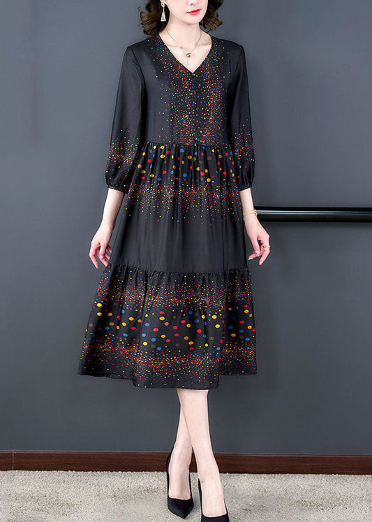 Boutique Black V Neck Print Wrinkled Patchwork Silk Dresses Summer LY5949 Ada Fashion