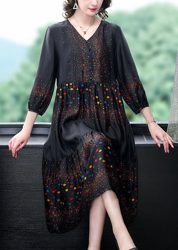 Boutique Black V Neck Print Wrinkled Patchwork Silk Dresses Summer LY5949 Ada Fashion