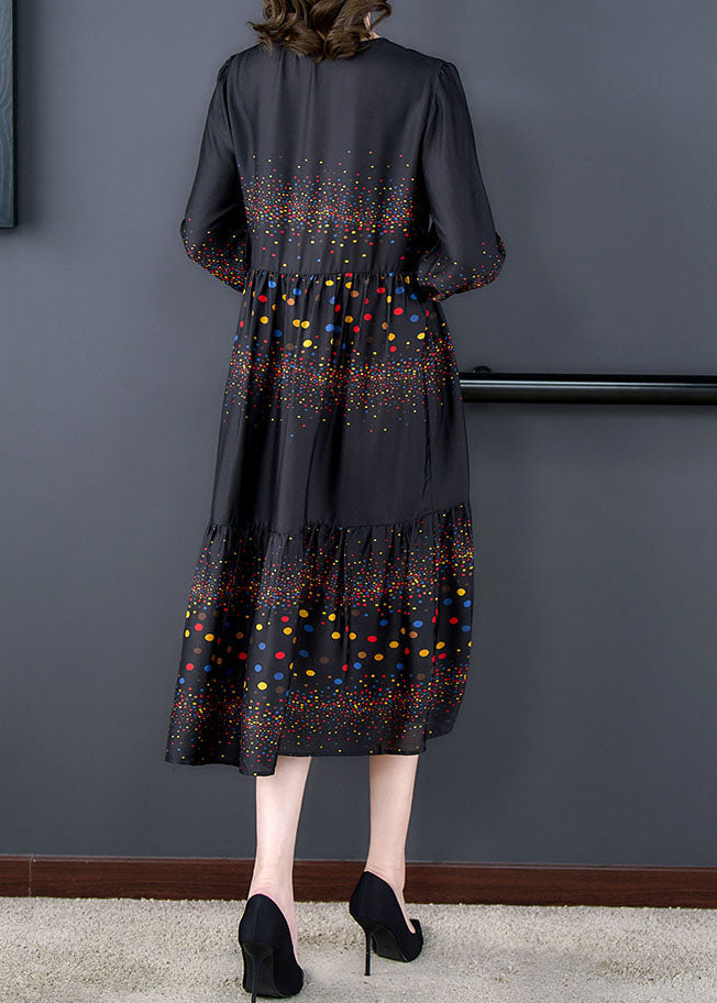 Boutique Black V Neck Print Wrinkled Patchwork Silk Dresses Summer LY5949 Ada Fashion