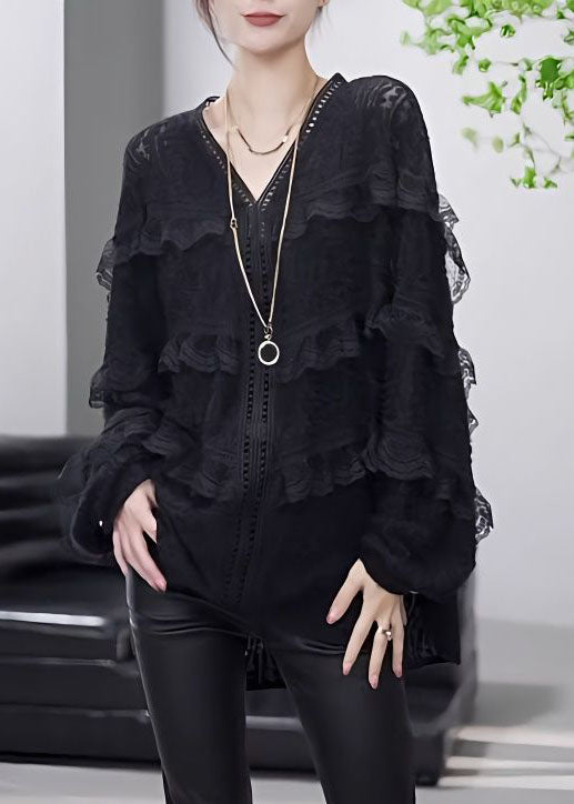Boutique Black V Neck Ruffled Patchwork Lace Top Spring LY4627 - fabuloryshop