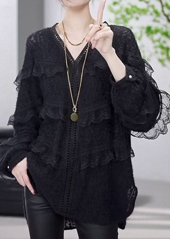 Boutique Black V Neck Ruffled Patchwork Lace Top Spring LY4627 - fabuloryshop