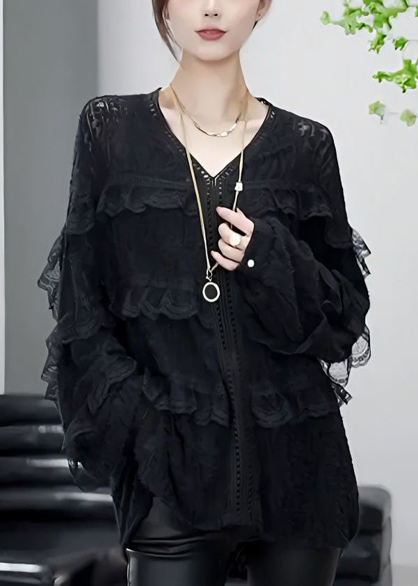 Boutique Black V Neck Ruffled Patchwork Lace Top Spring LY4627 - fabuloryshop