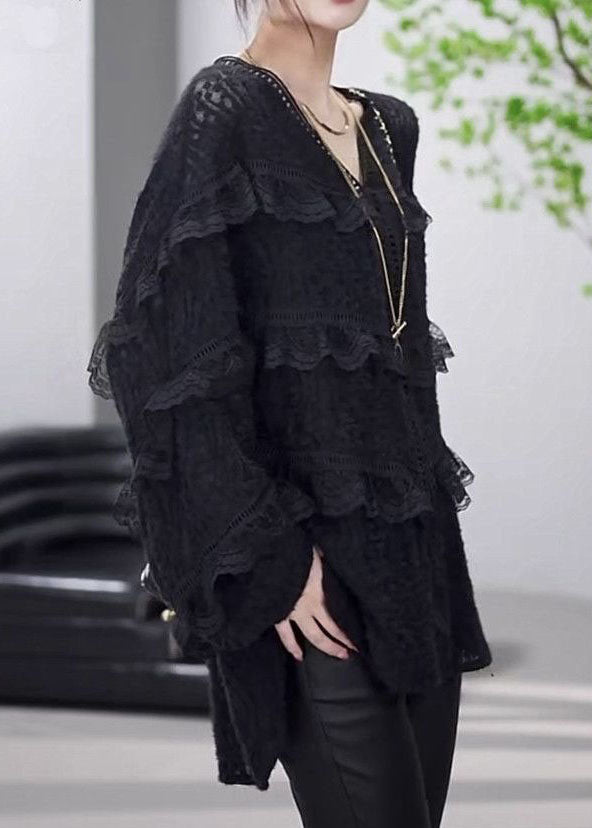 Boutique Black V Neck Ruffled Patchwork Lace Top Spring LY4627 - fabuloryshop