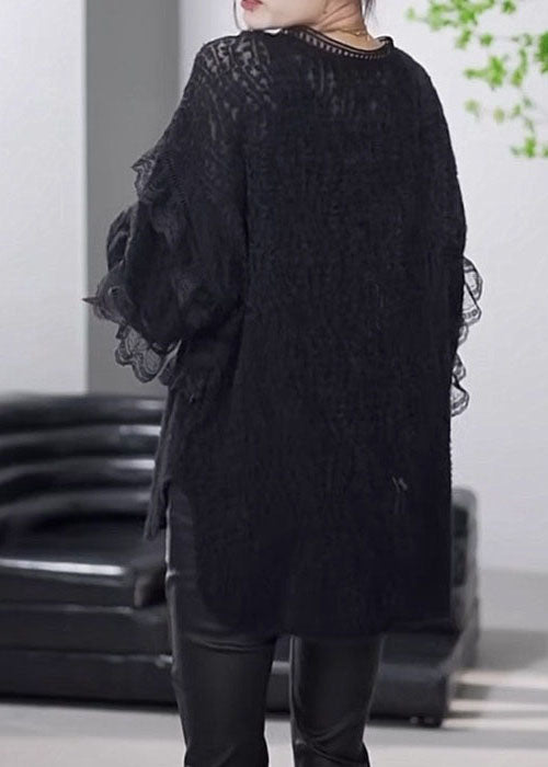 Boutique Black V Neck Ruffled Patchwork Lace Top Spring LY4627 - fabuloryshop